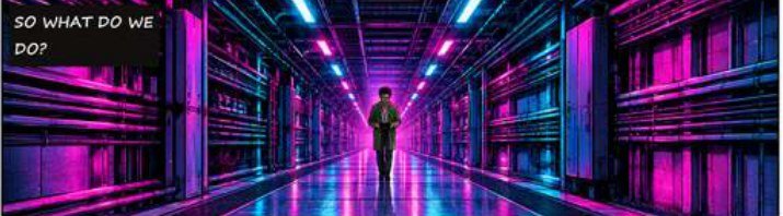 A lone figure in a vast violet and blue collider corridor, artwork from Quantum Echoes