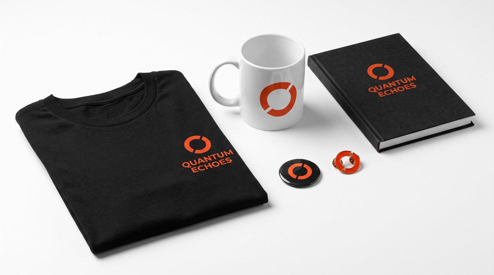 Quantum Echoes merchandise preview: T-shirt, mug, diary, magnet and lapel pin